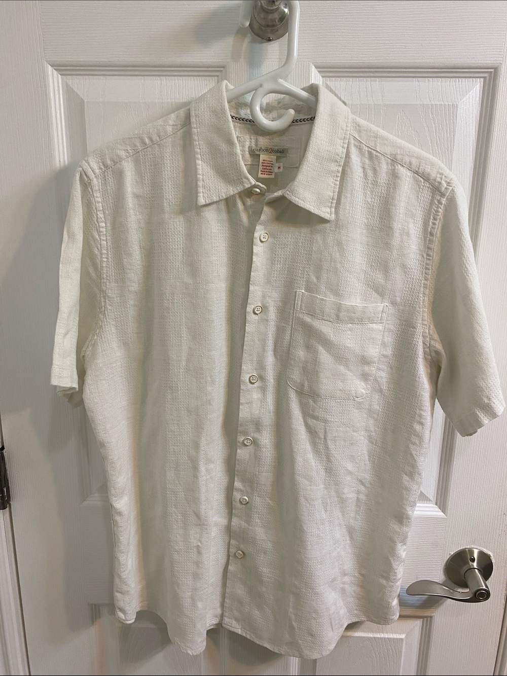 Carbon2Cobalt White Linen Blend Button Down Men Medium Short Sleeve Shirt Summer